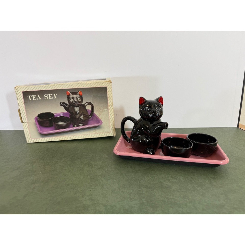 Vintage 90s Black Cat Ceramic Tea Set Teapot 2 Cups Pink Tray Novelty Decor